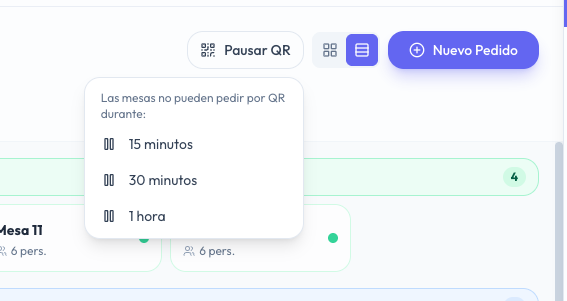 El menú Pausar QR del salón con las opciones 15 minutos, 30 minutos y 1 hora