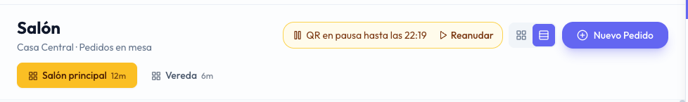 La cabecera del salón con QR en pausa hasta las 22:19 y el botón Reanudar