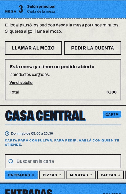 El celular de la mesa 3 durante la pausa: el aviso El local pausó los pedidos desde la mesa por unos minutos, y los botones Llamar al mozo y Pedir la cuenta