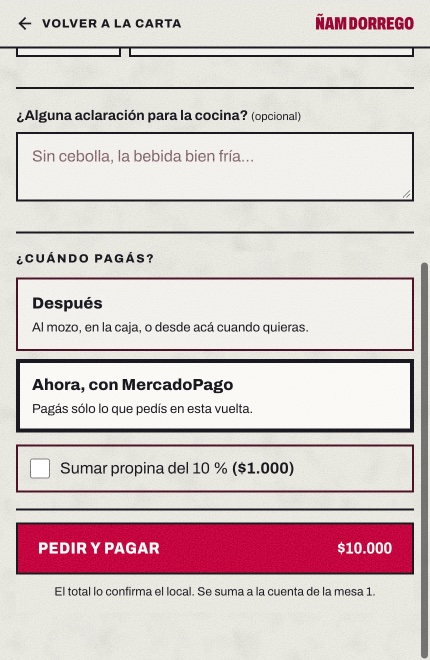 La pantalla Pedir para la mesa 1: la aclaración para la cocina, ¿Cuándo pagás? con Después y Ahora con MercadoPago, la propina del 10 % y el botón Pedir y pagar