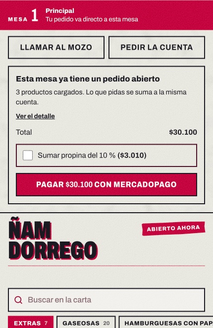 La tarjeta del pedido de la mesa con el total, la casilla Sumar propina del 10 % y el botón Pagar con MercadoPago