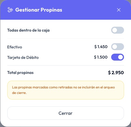 Gestionar Propinas con el efectivo apagado y la tarjeta de débito prendida, y el aviso: las propinas marcadas como retiradas no se incluirán en el arqueo de cierre