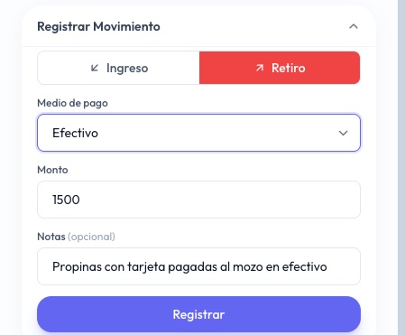 Registrar movimiento: retiro en efectivo de 1.500 pesos con la nota propinas con tarjeta pagadas al mozo en efectivo