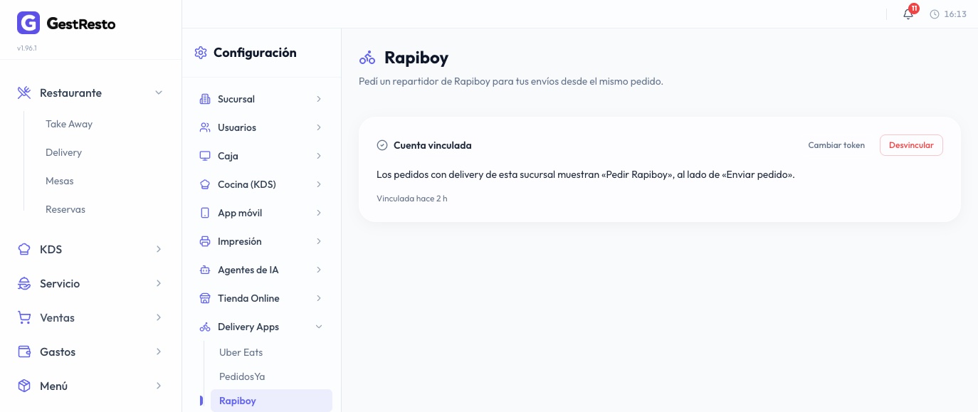 Configuración, Delivery Apps, Rapiboy: la cuenta vinculada, con Cambiar token y Desvincular