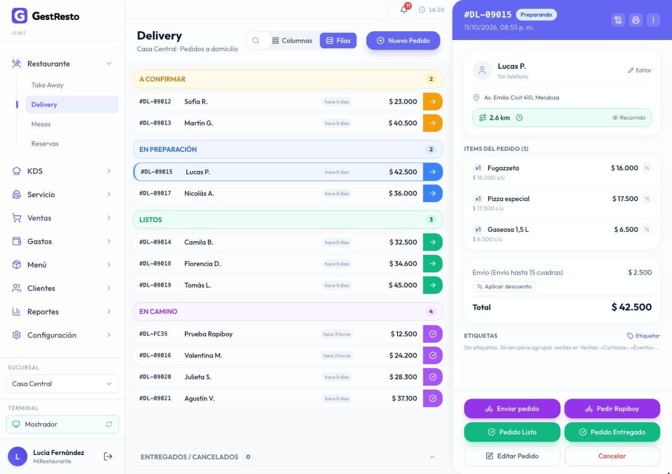 Delivery: un pedido en preparación elegido, y en su detalle, abajo, Enviar pedido y Pedir Rapiboy, uno al lado del otro