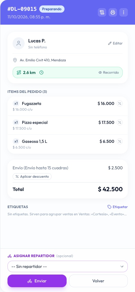 Detalle del pedido después de tocar Enviar pedido: Asignar repartidor (opcional), con Sin repartidor elegido, y los botones Enviar y Volver