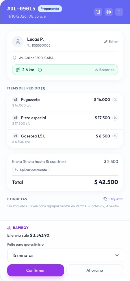La cotización de Rapiboy en el pie del pedido: el precio del envío, Falta para que esté listo y los botones Confirmar y Ahora no