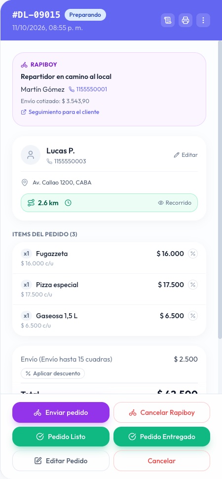 Pedido con un viaje de Rapiboy en curso: repartidor en camino al local, con su nombre y teléfono, el envío cotizado y el link de seguimiento; abajo, Cancelar Rapiboy