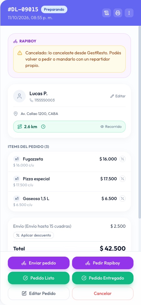 Pedido con un viaje de Rapiboy cancelado: el aviso con el motivo arriba, y abajo Pedir Rapiboy de nuevo