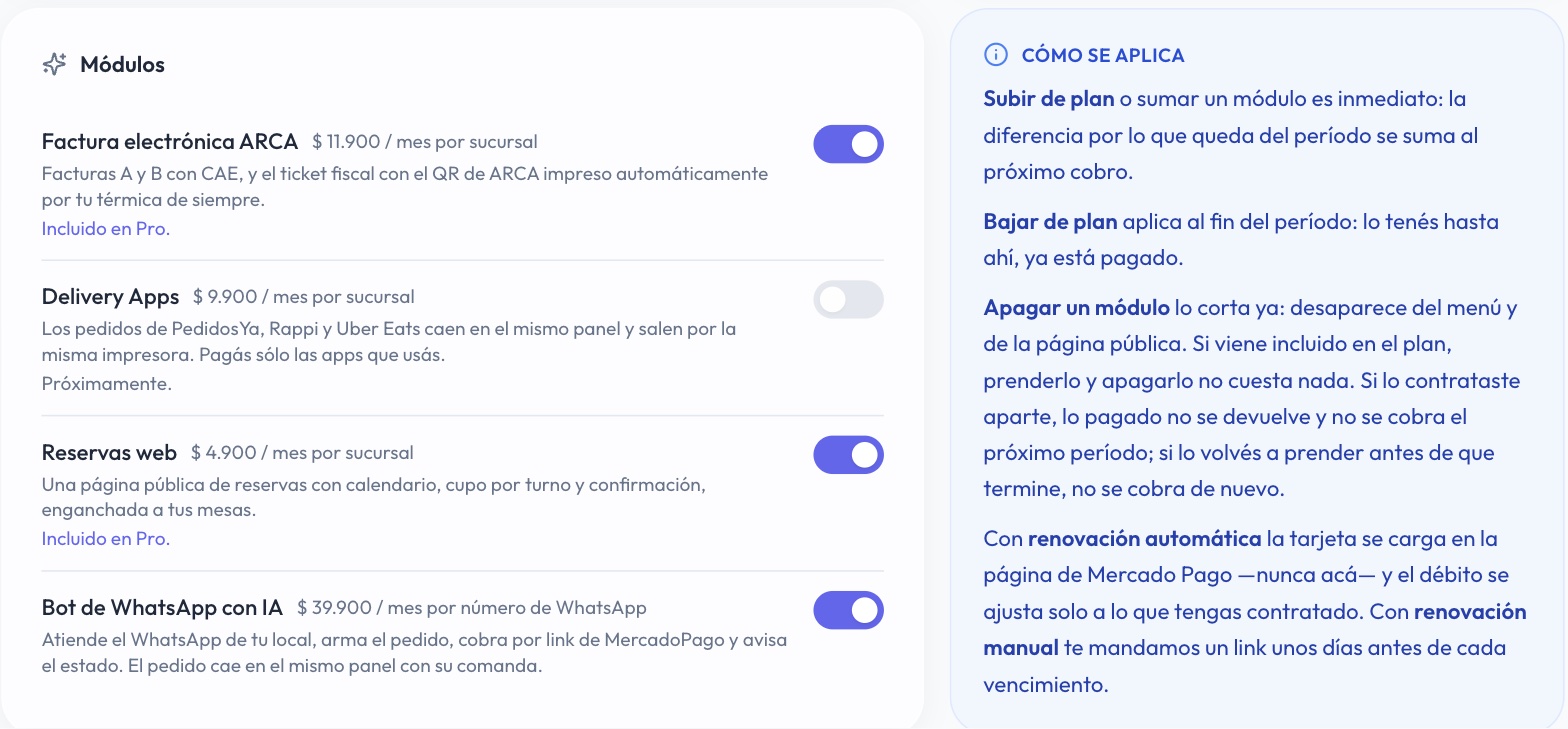 La tarjeta Módulos de Administrar plan, con Reservas web prendido e incluido en el plan Pro