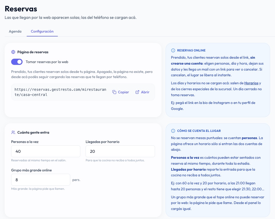 La configuración de Reservas con la página prendida, el link para copiar y los cupos de personas