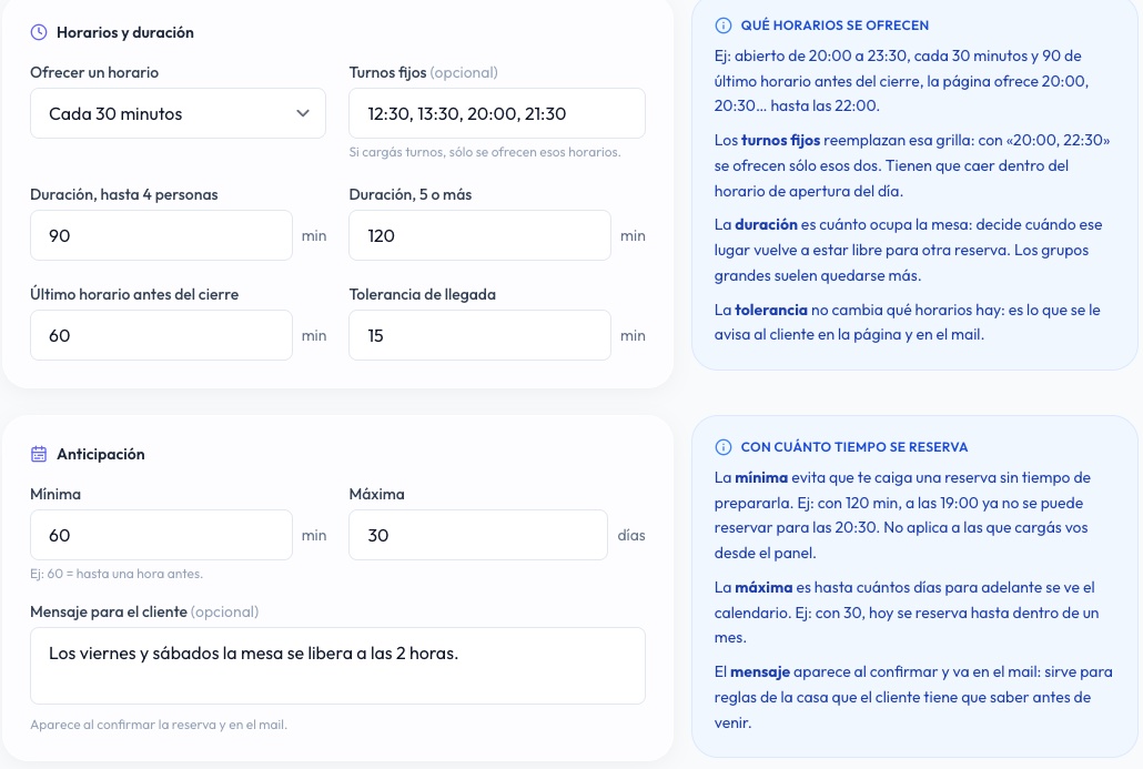 Horarios y duración con turnos fijos 12:30, 13:30, 20:00 y 21:30, y la anticipación mínima y máxima
