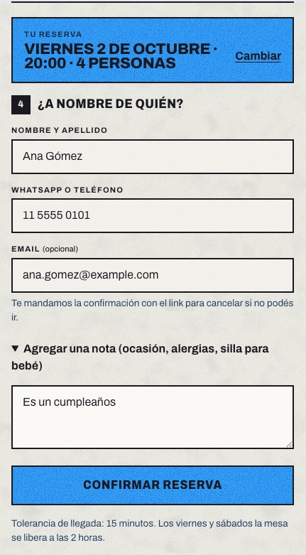 El paso de los datos con el resumen de la reserva, nombre, teléfono, mail y una nota