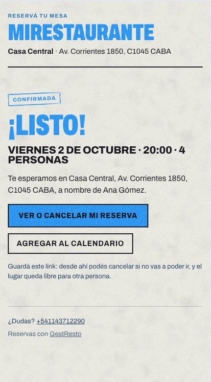 La reserva confirmada con el día, la hora, las personas y los botones Ver o cancelar mi reserva y Agregar al calendario