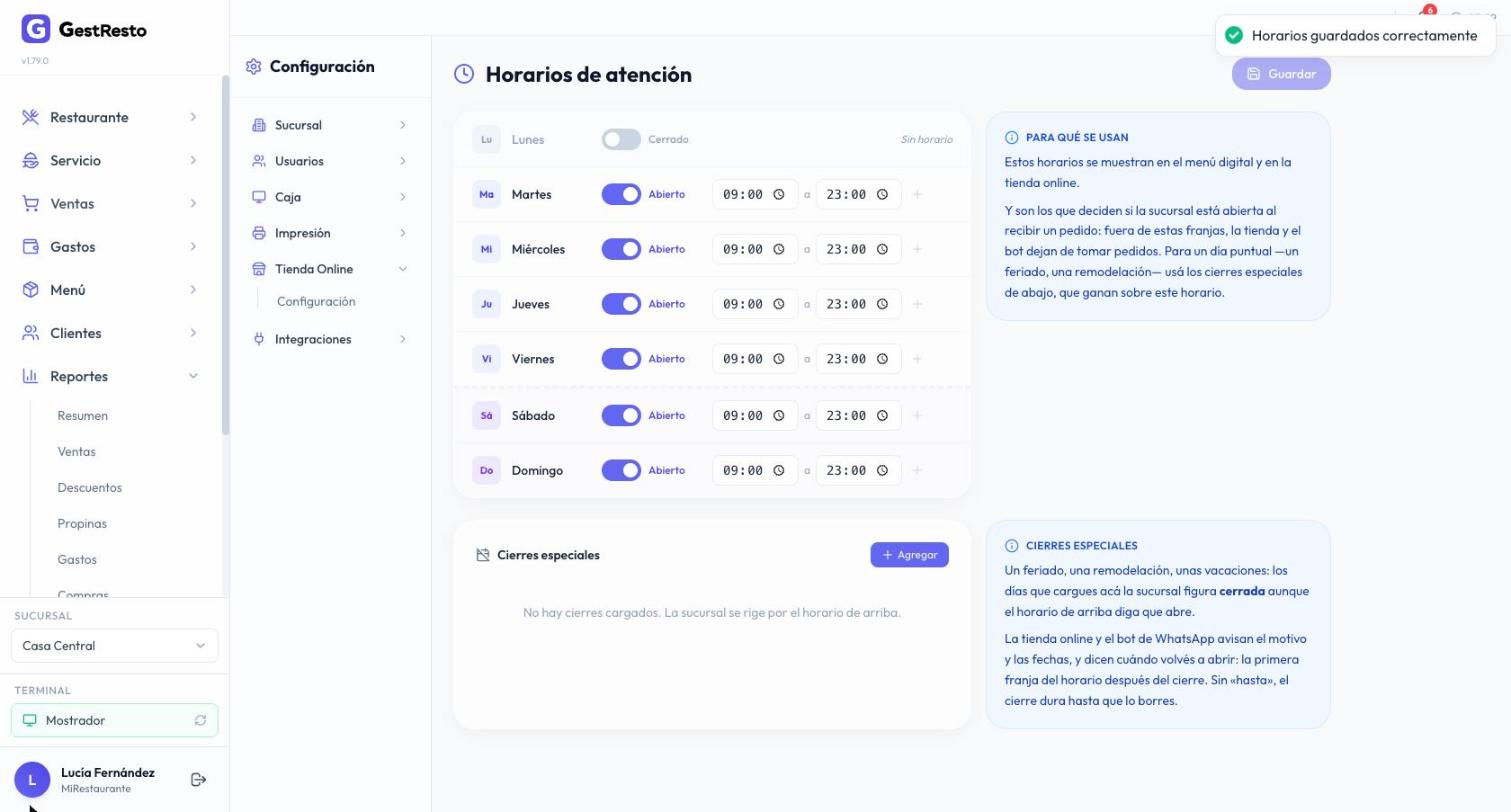 Horarios de atención con el lunes cerrado y el resto de los días abiertos de 9 a 23