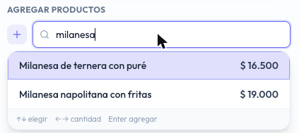Buscador de productos con la palabra milanesa y dos resultados con su precio