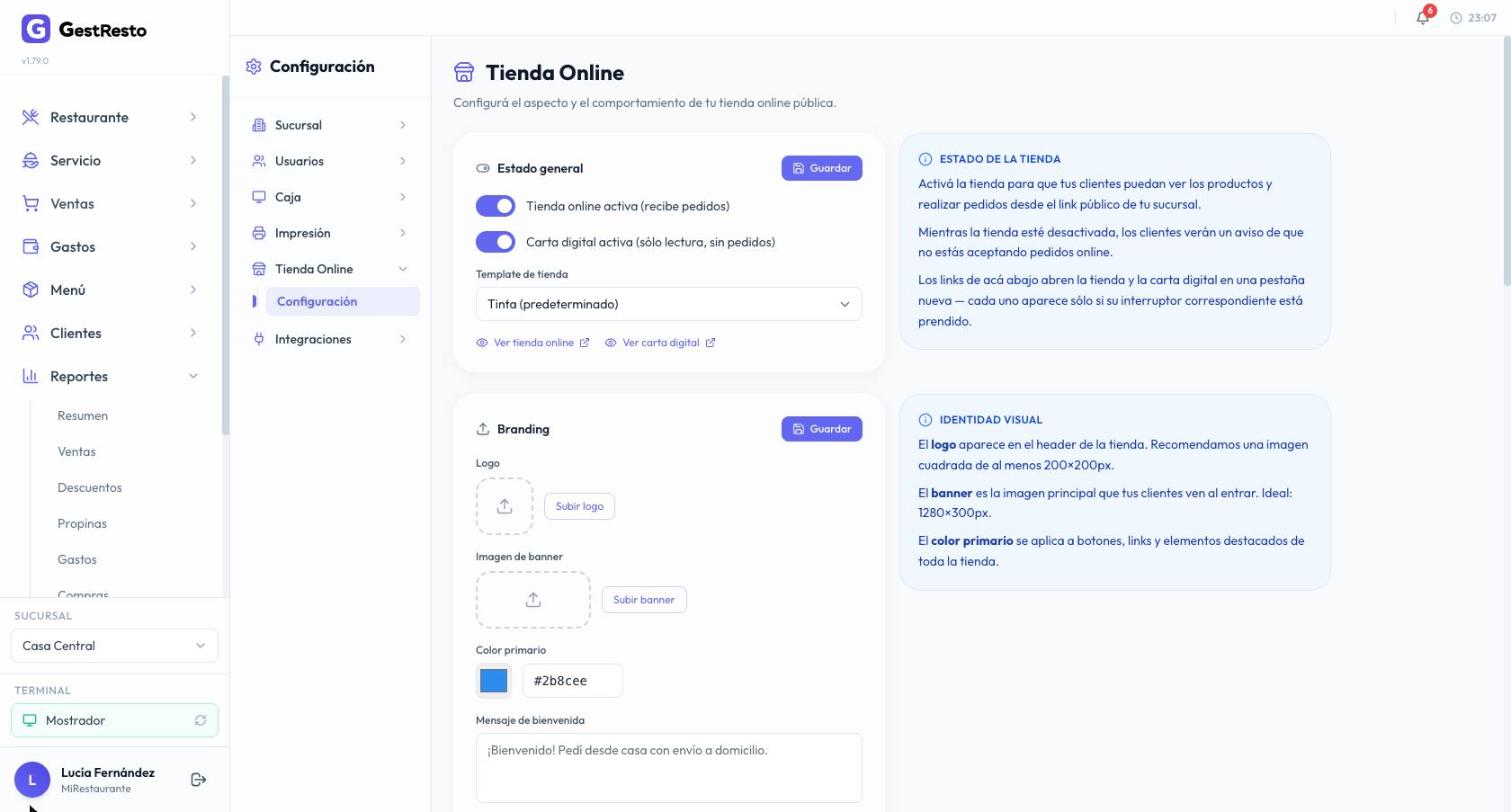 Configuración de la Tienda Online con la tienda y la carta digital activas, los links para verlas y el bloque Branding