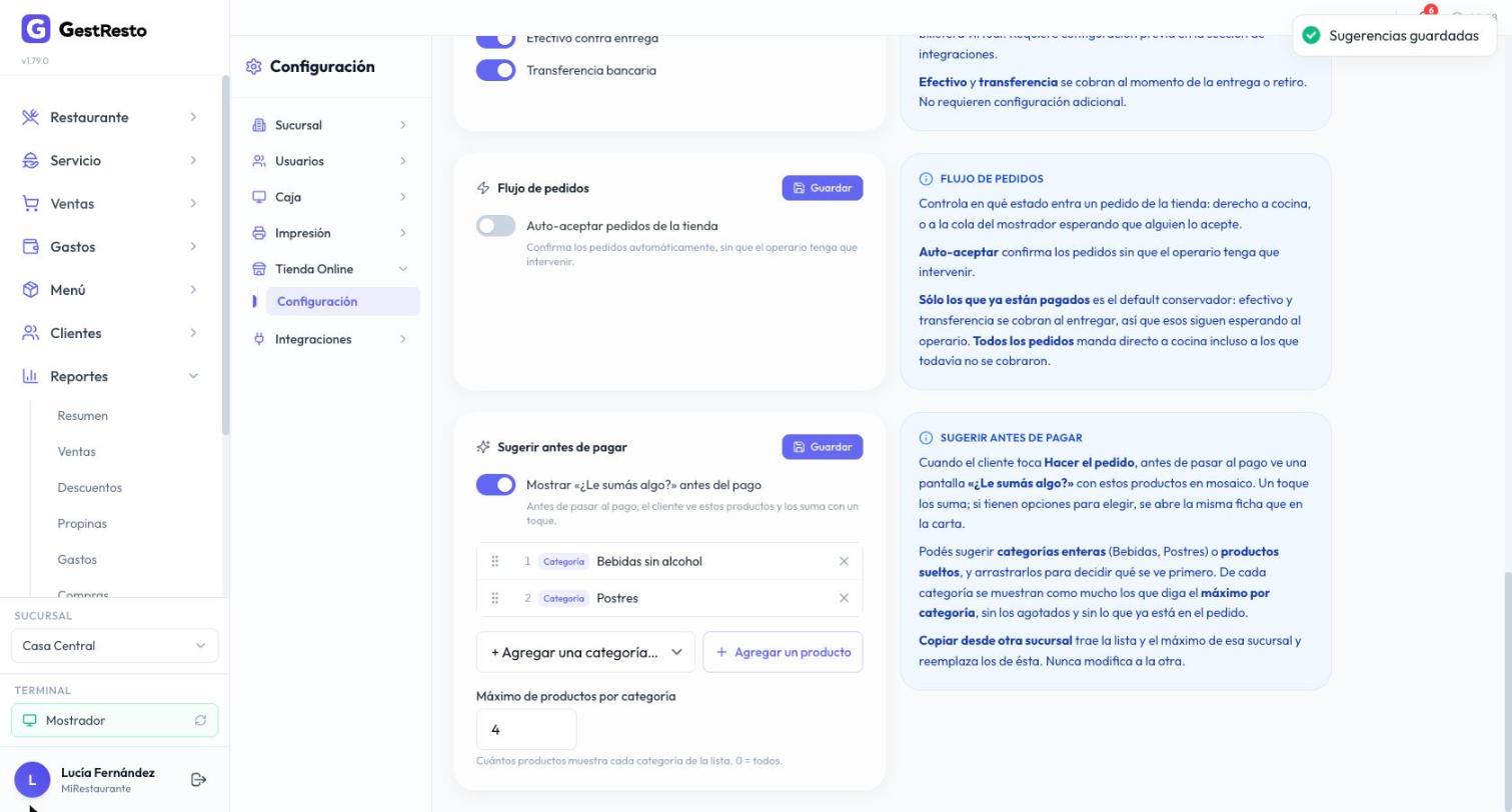 Bloques Métodos de pago con efectivo y transferencia, Flujo de pedidos y Sugerir antes de pagar con Bebidas y Postres