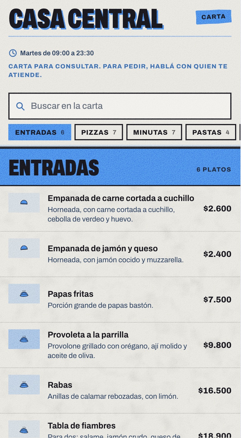 Carta digital en el teléfono, con el aviso Carta para consultar: para pedir, hablá con quien te atiende