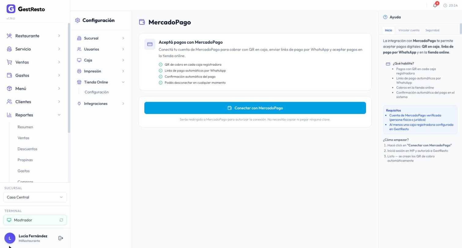 Pantalla MercadoPago del panel con lo que habilita y el botón Conectar con MercadoPago