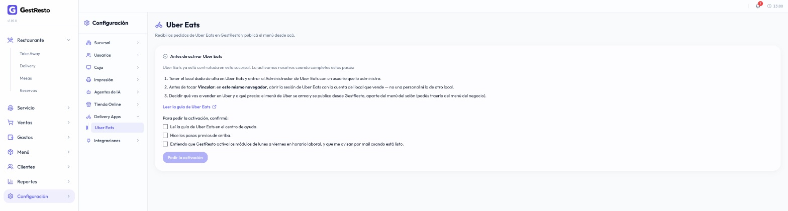 Configuración, Delivery Apps, Uber Eats: los tres pasos previos, el link a la guía, las tres casillas para confirmar y el botón Pedir la activación