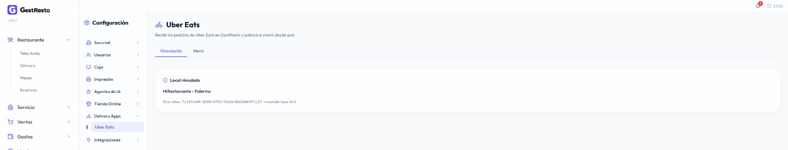 Pestaña Vinculación con el local de Uber Eats vinculado, su ID en Uber y hace cuánto se vinculó