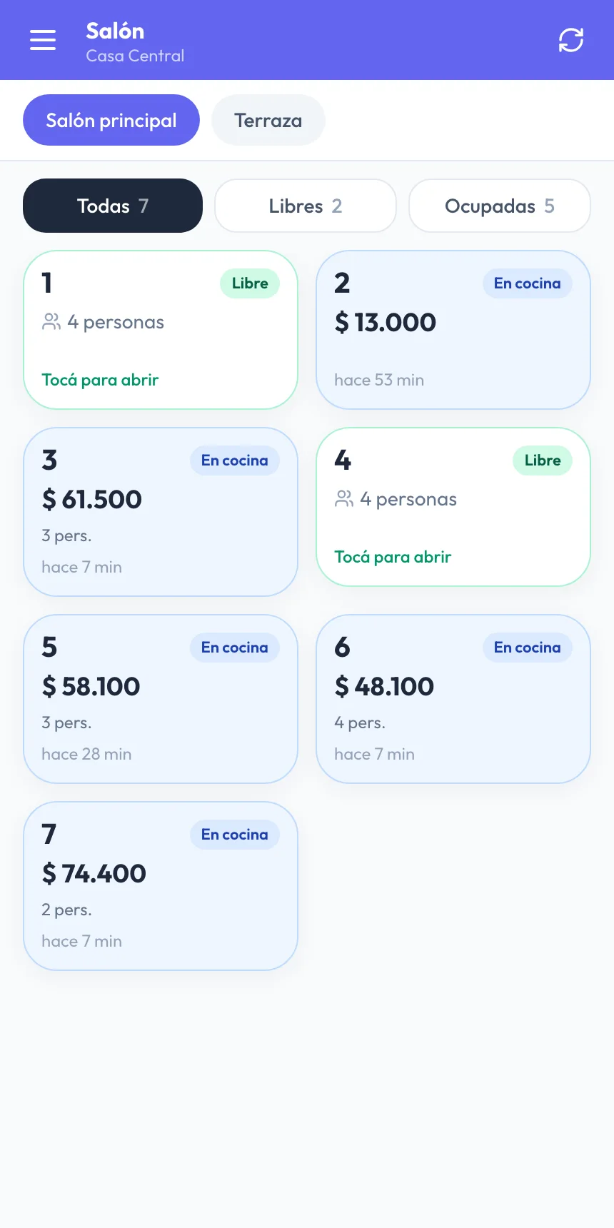 El POS Móvil en un celular: las mesas del salón principal con su total, la cantidad de personas y hace cuánto están abiertas.