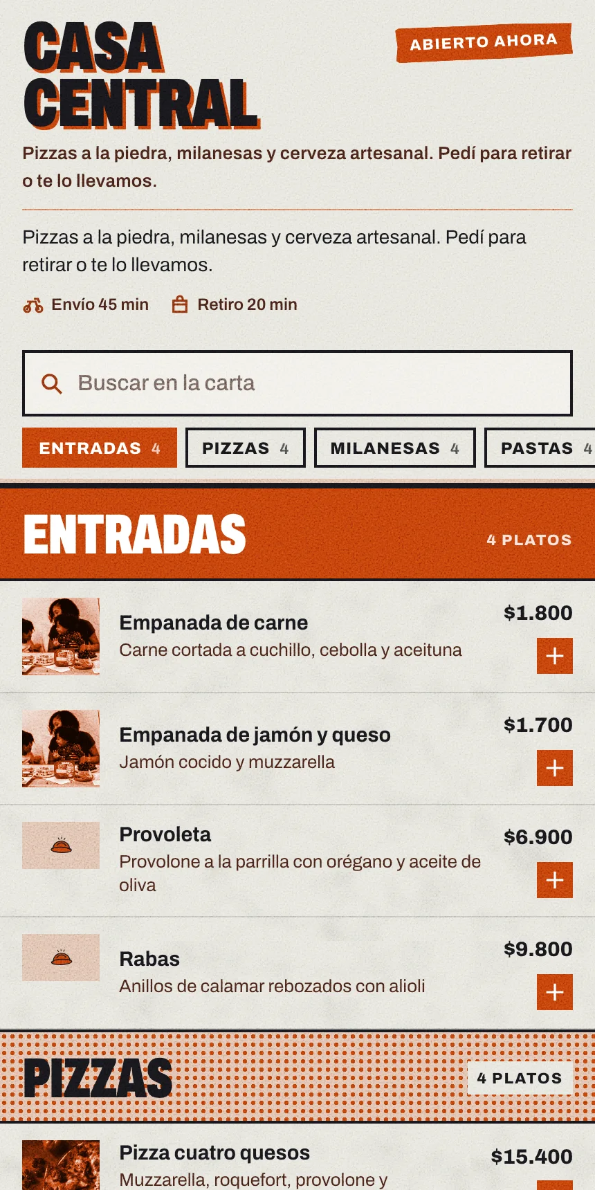 La tienda online en el celular de un cliente: el nombre del local con su color, «Abierto ahora», los tiempos de envío y retiro, las categorías y los productos con precio.